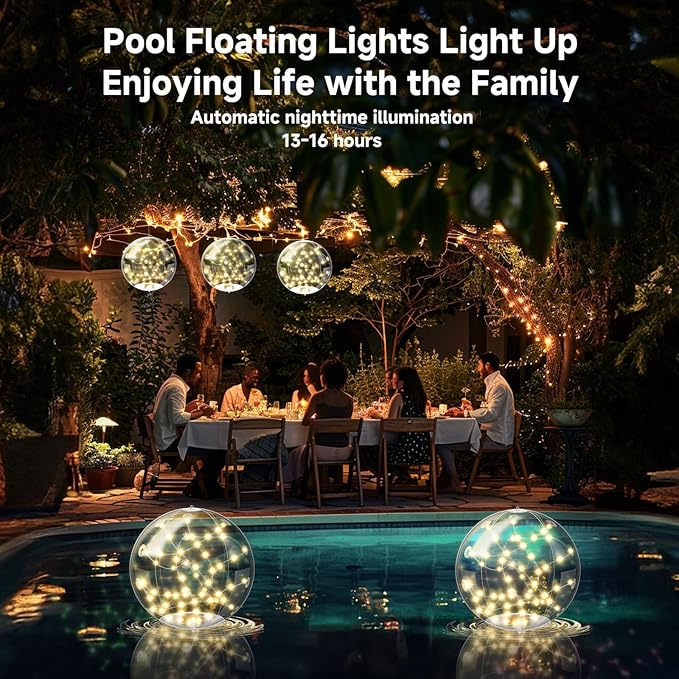 2 Pcs Solar Floating Pool Lights, 3000K Warm White LED Solar Powered Pool Light, IP68 Waterproof, Light Up Balls with Remote Control for Snowy Beach Yard Wedding Party Night Decor
