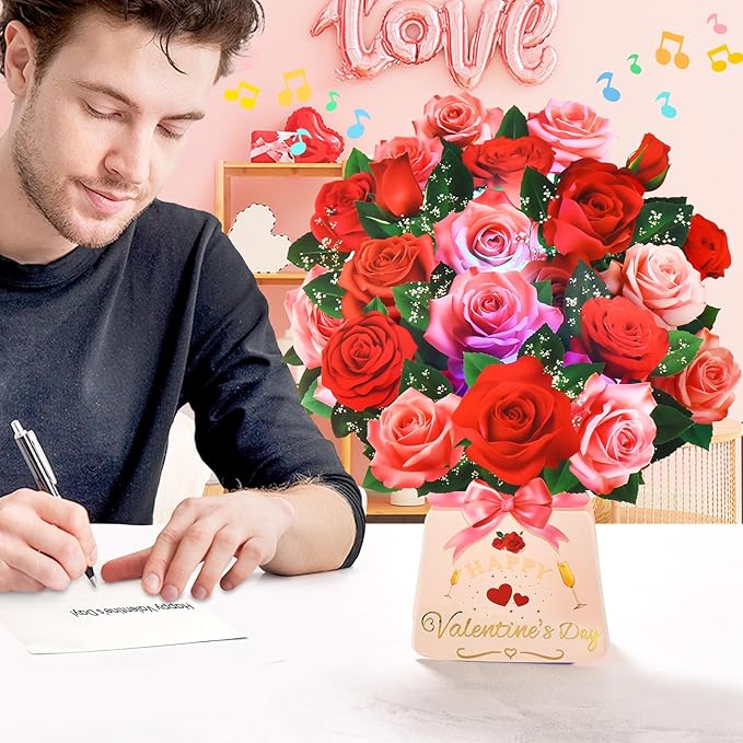 Pop Up Valentine’s Day Card with Light & Music, 12 Inch Paper 3D Rose Bouquet Greeting Card with Envelop, Happy Valentines Day Cards for Wife, Popup Valentines Day Card Gifts for Her Women Girlfriend