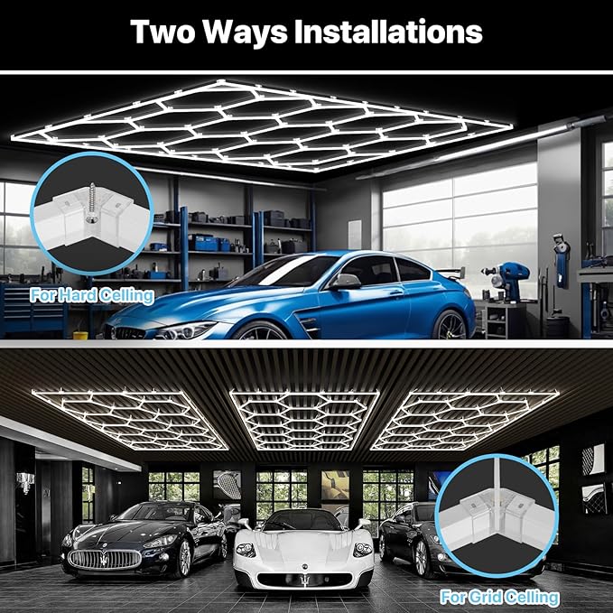 HYPERLITE Gen 2 Hexagon Garage Lights: 624W 62400LM 15 Grids Hexagon Led Lights, 6500K Ultra Bright Honeycomb Hex Lights, Easy Install, Durable Design for Garage, Car Detailing, Workshops, Gym