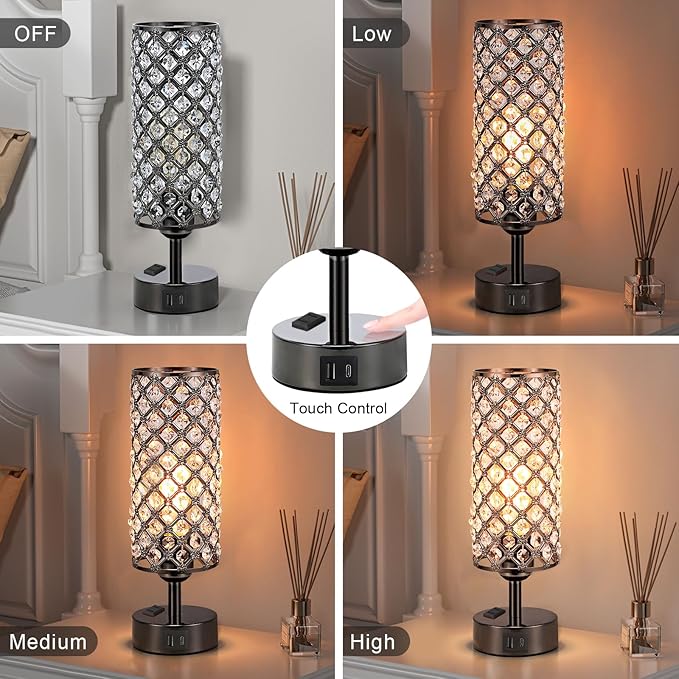 Hong-in Crystal Table Lamp Touch Control Set of 2, 3-Way Black Crystal Lamps with USB C+A Ports & AC Outlet, Dimmable Nightstand Desk Lamps,Modern Bedside Table Lamp for Bedroom(Bulbs Included)