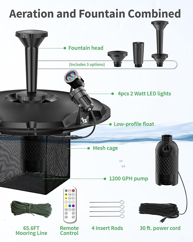 POPOSOAP Floating Fountain with LED Lights, Pond Fountain and Aerator Complete Kit with 1200GPH Water Pump 30FT Power Cord, 3 Spray Styles for Ponds, Pool, Lakes & Water Gardens P145