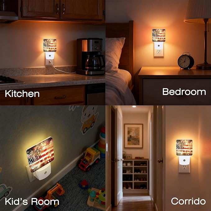America Flag with Fireworks Night Light for Kids, Dusk-to-Dawn Auto Sensor Plug in Night Light, 0.5W Energy Saving Non-Toxic Design for Bedroom/Bathroom, Ideal Gifts for Women, Men & Kids