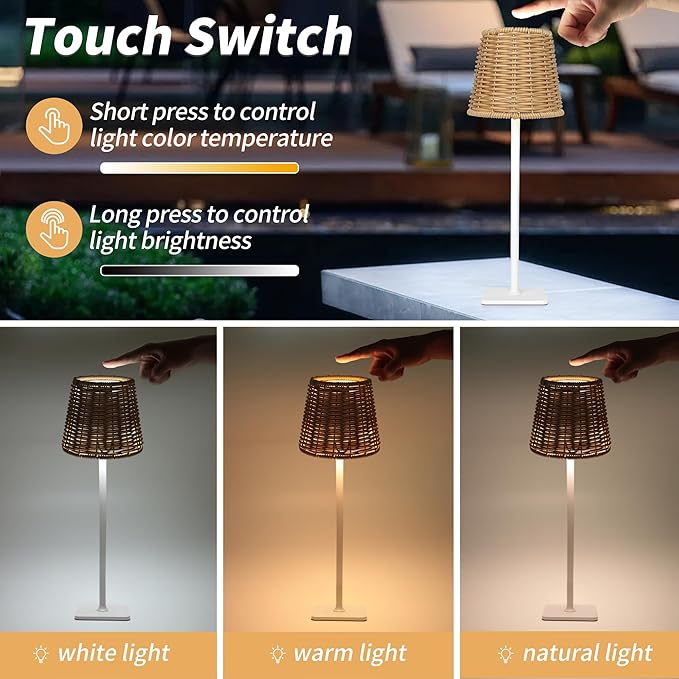 Mr. White Outdoor Waterproof Cordless Set of 2 Rechargeable Portable Top Touch Battery Operated Powered LED Table Lamp Desk Lamp Lights for Restaurant Kitchen Patio Dinner Dining (White 2 Pack)