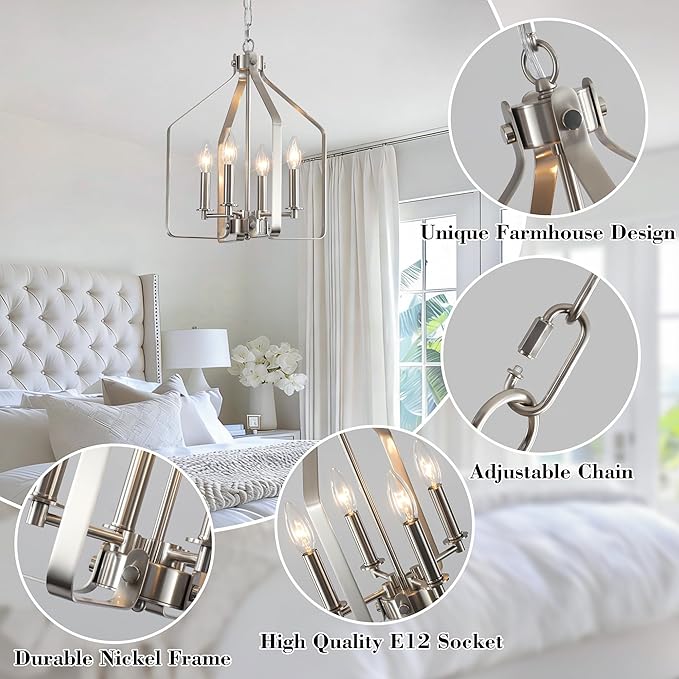 4-Light Brushed Nickel Chandelier, Geometric Farmhouse Cage Pendant Light, Adjustable Industrial Rustic Fixture for Dining Room, Kitchen Island, Entryway & Bedroom