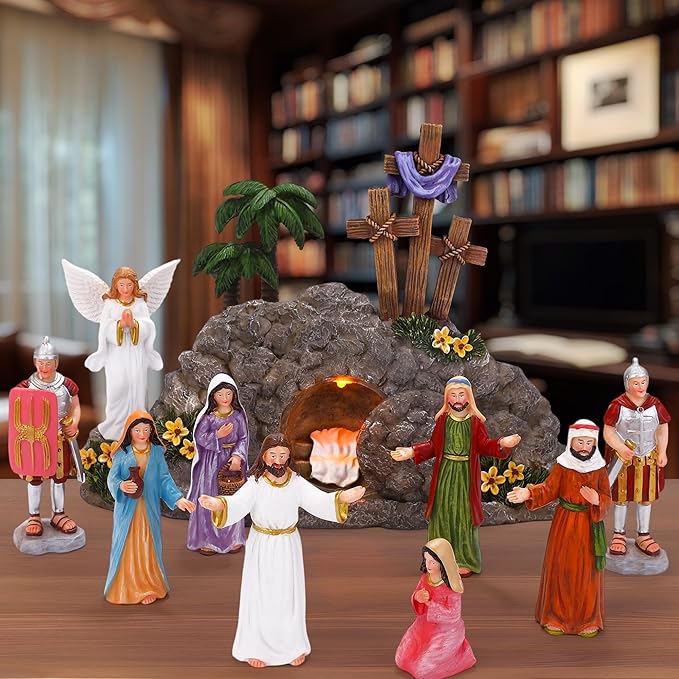 Fovths 12 Pieces LED Easter Scene and Cross Decoration Easter Resin Tabletop Decorations Resurrection of Jesus Statue Jesus Nativity Scene Decorations for Christian Figurines Home Office Tabletop