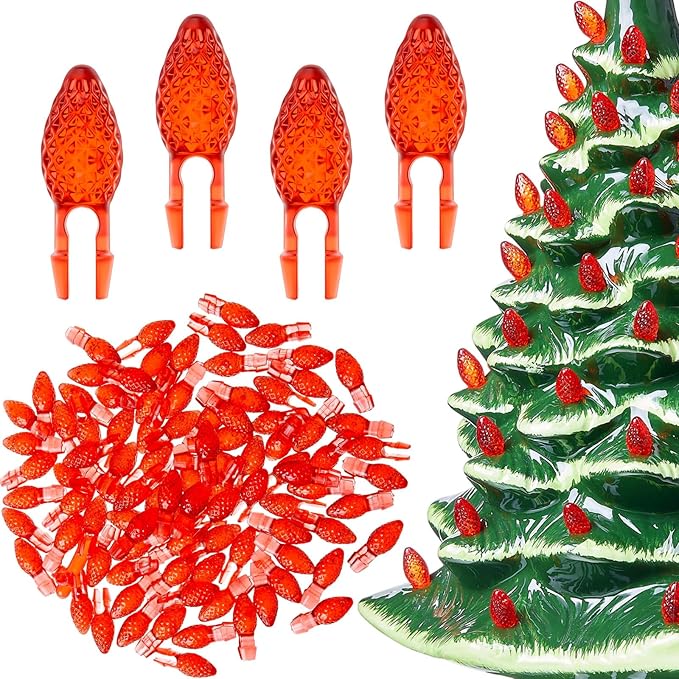Boao 120 Pcs Ceramic Christmas Tree Replacement Lights Clear Plastic Flame Peg Bulbs Accessories for Ceramic Christmas Trees and DIY Projects(Red,Small)