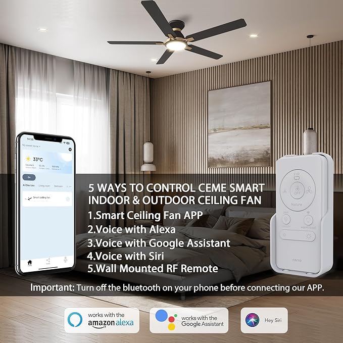 52'' Low Profile DC 10 Speeds Smart Ceiling Fan with Lights and Remote, Compatible with Alexa, Siri & Google Home & APP, 3 Light Colors Dimmable Black and Gold Fan