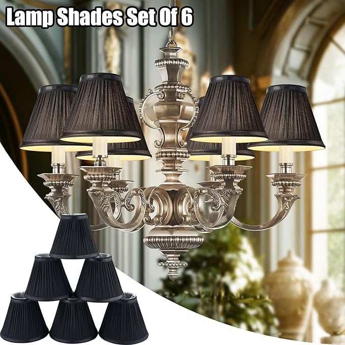 Chandelier Shades Set of 6,Mini Lamp Shade 3" Top x 6" Bottom x5" Slant,Small Lamp Shades Clip On Bulb,Pleated Chandelier Lamp Shades,Fabric Lampshades That Attach to The Bulb(Black)