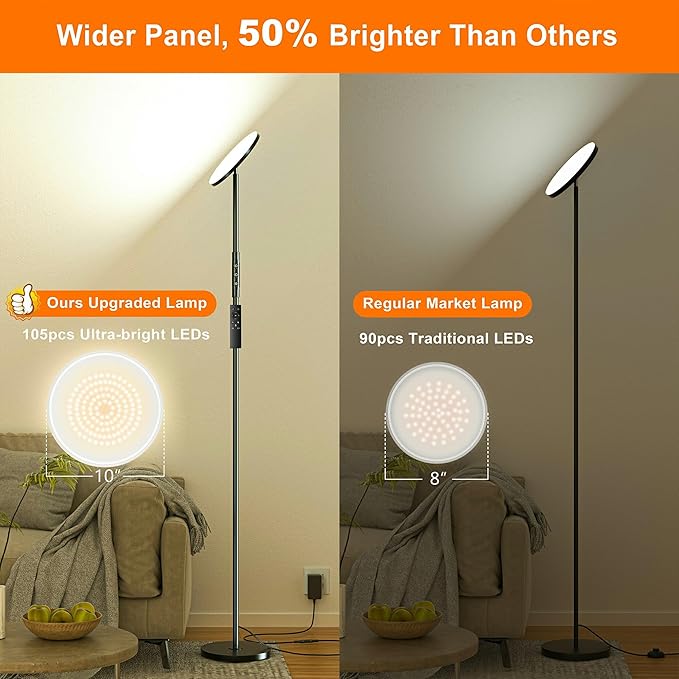 Super Bright Floor Lamp for Living Room, Stepless Dimmable LED Standing Lamp with Remote and Touch Control, 69” Tall Torchiere Corner Lamp for Bedroom Office Hotel, Black