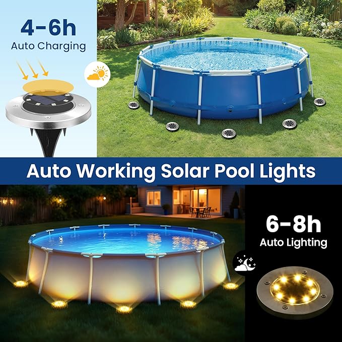 SOLPEX 8 Pack Solar Pool Lights for Above Ground Pools, Waterproof LED Above Ground Pool Lights, Outdoor Pool Decoration Accessories(Warm White)
