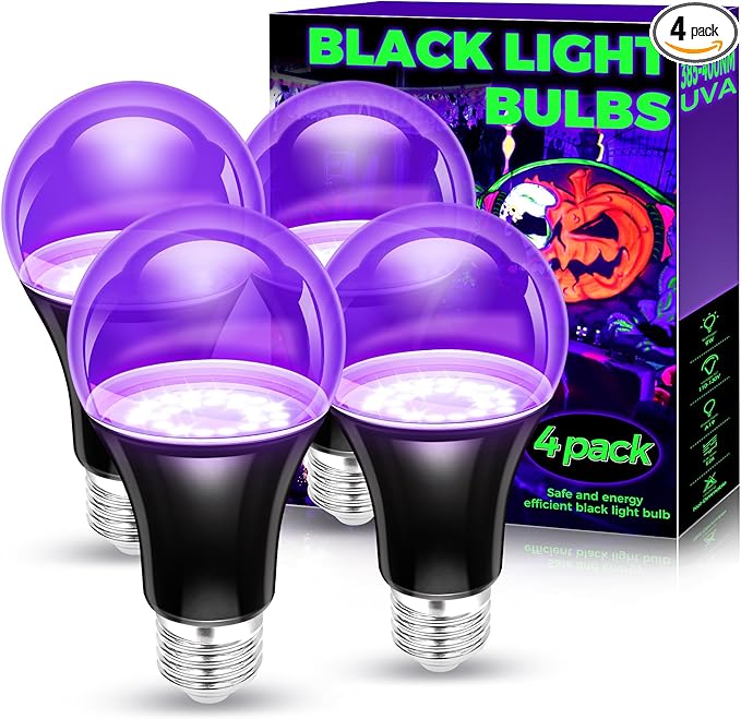 Black Light Bulbs 4 Pack, A19 LED Black Light Bulbs for Glow in The Dark 9W (100W Equivalent) E26 Base, Black Lights Party, Fluorescent Poster, Body Paint,Neon Glow