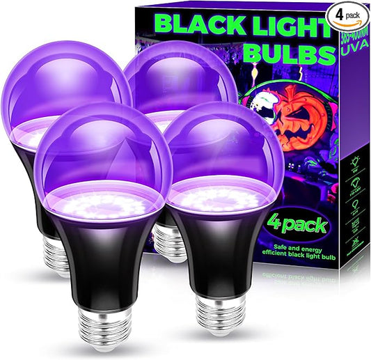 Black Light Bulbs 4 Pack, A19 LED Black Light Bulbs for Glow in The Dark 9W (100W Equivalent) E26 Base, Black Lights Party, Fluorescent Poster, Body Paint,Neon Glow