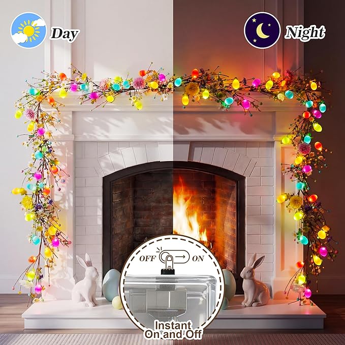 Enhon 6ft Easter Garland with Light, 20 LED Easter Egg Decoration, Spring Decorative for Mantle, Table Centerpieces, Stair Railing, Doorway, Windowsills, Front Door Décor & Party