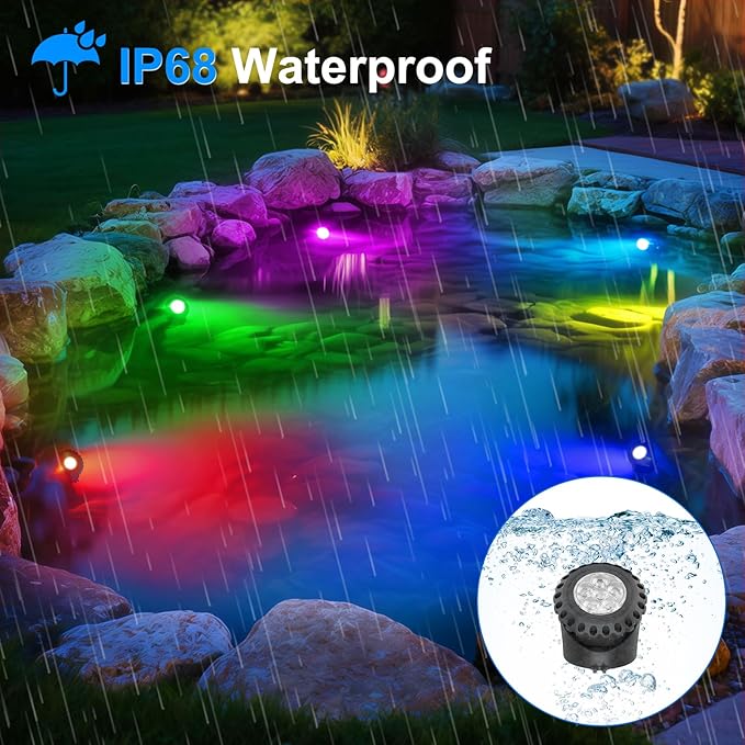 T-SUN Solar Pond Lights, 2 Headlamp RGB LED Spotlights, Underwater Submersible Fountain Lights Solar Fish Tank Light for Garden Fountain, Pond, Pool Decoration