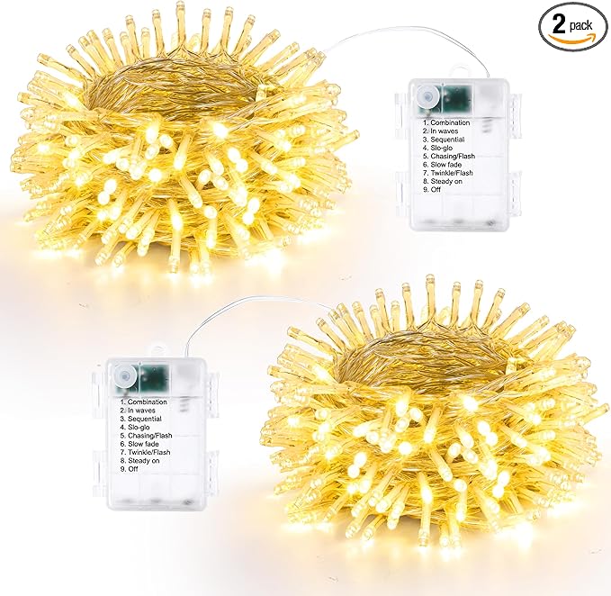 Lomotech Battery Operated Christmas Lights - 2 Pack Total 33ft 100LEDs String Lights 8 Modes Waterproof with Timer for Home, Garden, Party, Holiday, Tree Decoration (Clear Wire, Warm White)