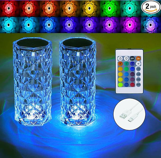Crystal Table Lamp,RGB Rose Diamond Touch Lamps (2PACK) Color Changing Night Light for Bedroom/Living Room/Party Dinner Decor Creative Lights Housewarming (Remote & Touch