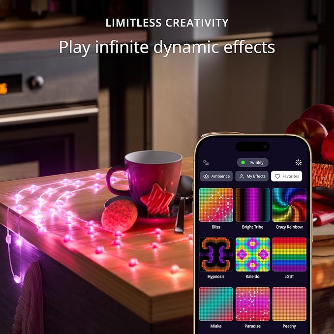 Twinkly Strings USB-C Heart 200 LED, Heart-Shaped LED Light String, RGB Multicolor LED Lights, Valentine's Day Lights, Compatible with Alexa, Google Home, USB-C Power, Green Wire, 39.4ft