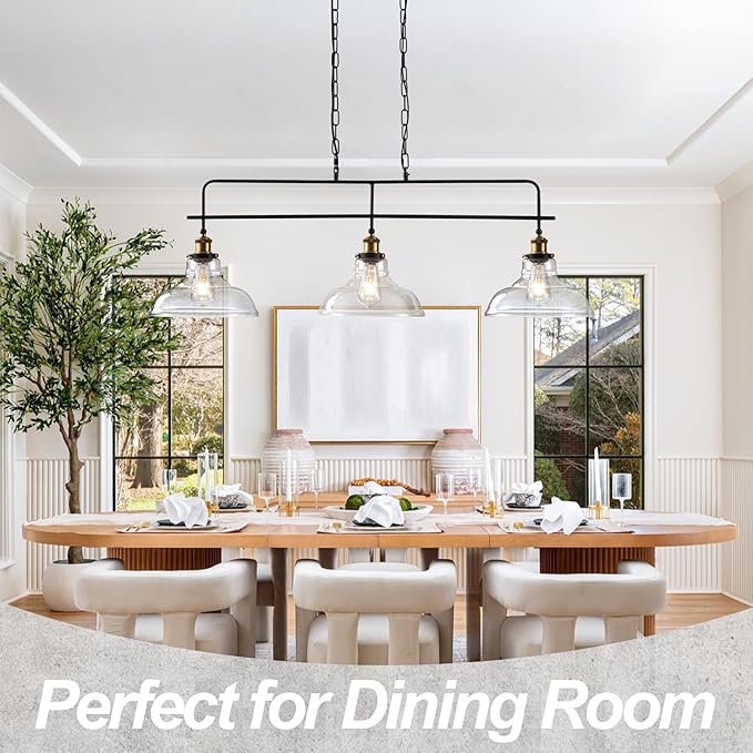 Industrial Glass Kitchen Island Lighting Vintage 3-Lights Glass Pendant Light for Kitchen Island Rustic Farmhouse Black Chandelier for Dining Room, Living Room, Bar, Over Table