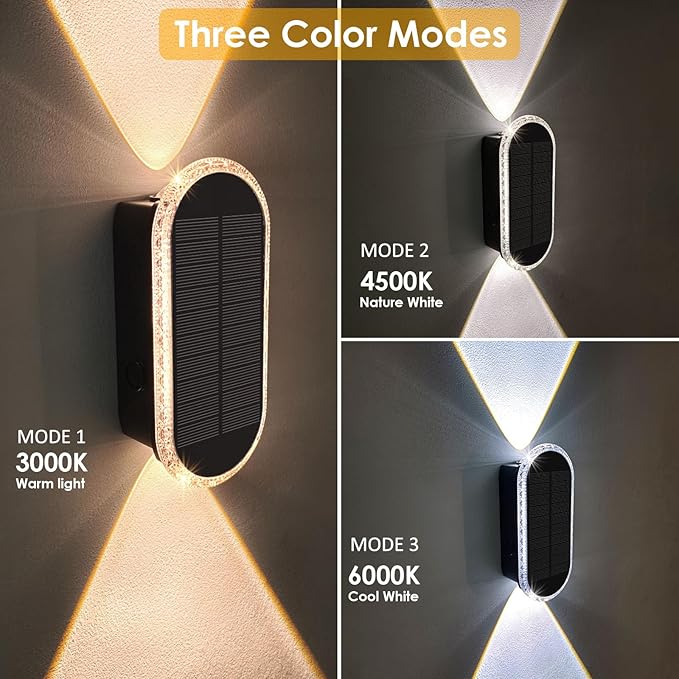 2PK Solar Fence Lights Outdoor - 3000/4000/6000K 3 Modes, IP65 Waterproof Fence Lights Solar Powered, Solar Wall Lights Outdoor for Backyard/Garden/Patio/Garage and Wall Decor