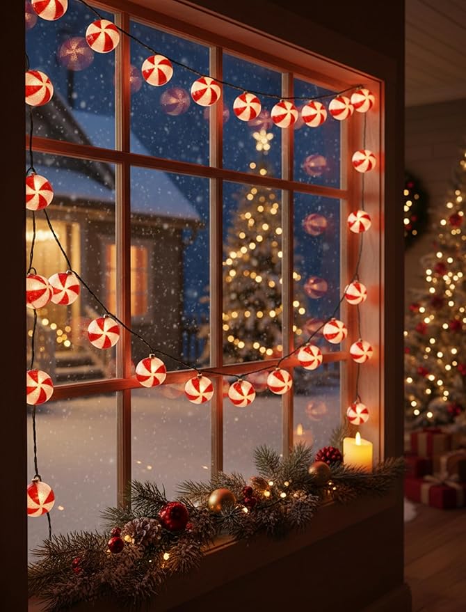 8.5Ft Christmas Candy Light, Christmas Decorations String Lights with 10 Red White Peppermint Bulbs, Plug in Fairy Lights for Indoor Party Kid's Room Xmas Tree Patio Bedroom Garden Decor