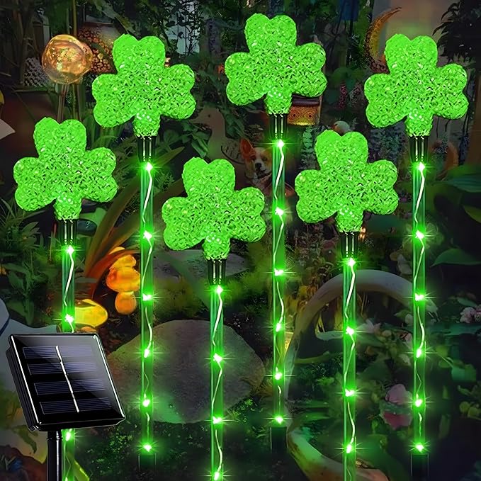 St. Patricks Shamrock Pathway Lights, 6pcs Green Lucky Clover Lights with 8 Lighting Modes, Solar Stake Lights Outdoor Waterproof, LED Landscape Light for Green Irish Decoration (Green - Clover)