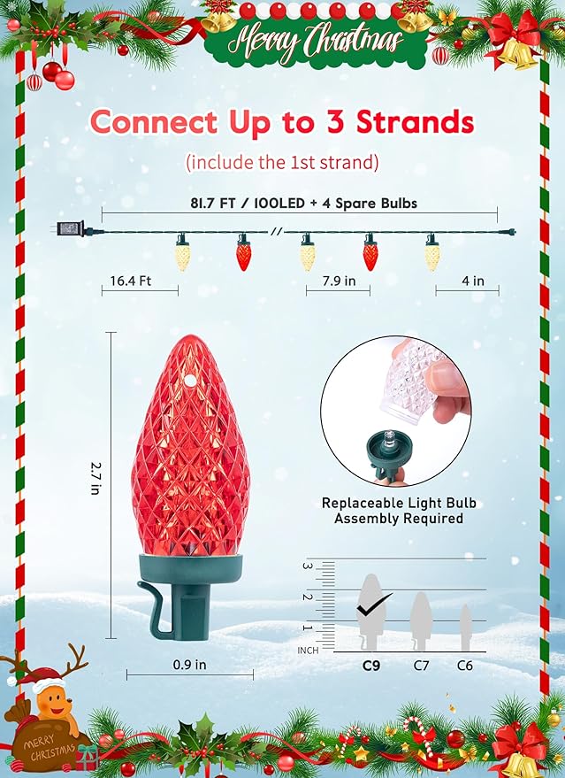C9 LED Christmas Lights Outdoor, 81 Feet 100 LED String Lights with Timer & 8 Light Mode, Waterproof Commercial Grade Christmas Tree Lights for Outside Indoor Roofline Patio, Red & Warm White 2 Pack