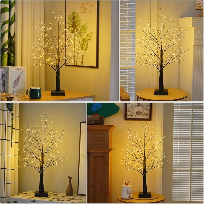 144 LED Artificial Tree Lamp with Timer, DIY Birch Tree with LED Lights, Lighted up Tree Lamp USB/Battery Powered, Fairy Light Spirit Tree for Table Home Wedding Bedroom Christmas (Black)