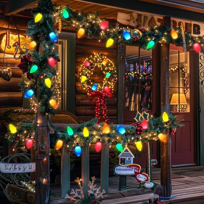50 LED C9 Christmas Lights Battery Operated 26.5Ft C9 Christmas String Lights Christmas Battery Lights Timer 8 Lighting Modes for Indoor Outdoor Xmas Tree Garden Patio Party Christmas Decor