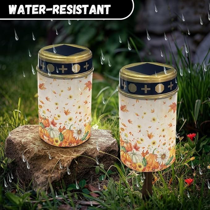 Fall Maple Leaf Pumpkin Prayer Cemetery Solar Lights for Grave Cemetery Decor Candle Lamp Solar Powered Landscape Lights for Grave