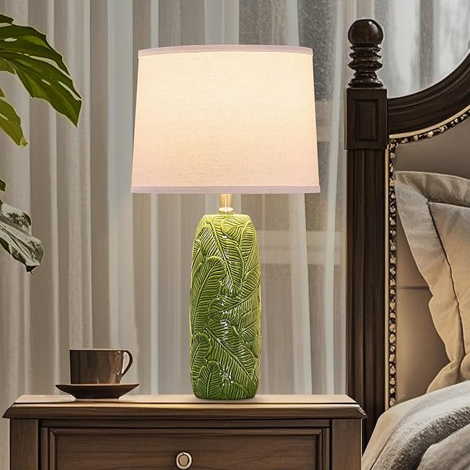 25” Green Lamps Set of 2 with Leaves Design for Living Room, Bedroom, Retro Ceramic Table Lamps for Nightstand Set of 2