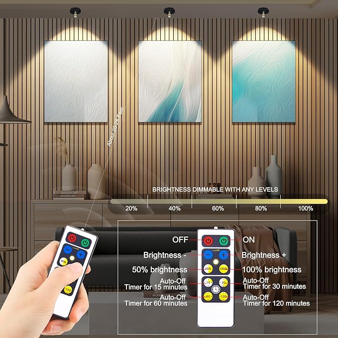 Wireless LED Spotlights, Battery Operated Picture Frame Lights, Stick on Puck Light with Remote, Dimmable Accent Indoor Uplighting for Art Dartboard Painting Display Plants, Black, 2 Packs