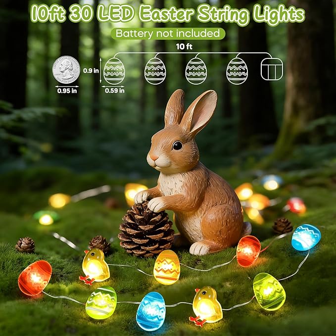 Coquimbo Easter Egg String Lights, Battery Operated LED Easter Decorations for Home, 10ft 30LED Indoor Outdoor Spring Holiday Lights for Party, Fireplace, Window, Kids Room