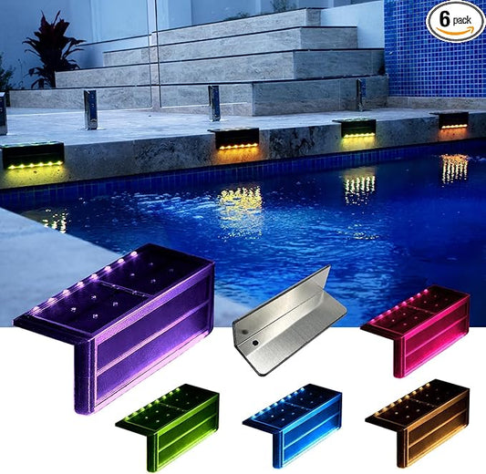 Solar Pool Lights, 12-Color Poolside Lights for Inground Pool, Ultra-Thin 2-Way LEDs for Edge & Deck with Remote, Heavy Duty Stainless Steel Outdoor Waterproof for Swimming (RGB-W, 6PK)