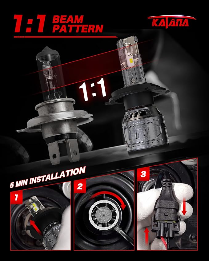 Katana H4 Bulbs, 9003 Light Bulb 400% Brightness 6500K Xenon White Extremely Super Bright Plug and Play Mini Size Fog Light,Pack of 2