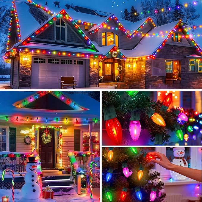 50 Feet Multi-colored C7 LED Christmas Lights Outdoor Colored Christmas Lights Waterproof with 50 + 5 Pack Energy Efficient C7 LED Bulbs (0.6W = 7W) for Colorful Xmas House Stairs Porch Tree Decor