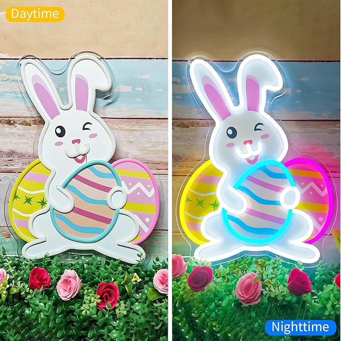 Easter Neon Sign Bunny Led Sign Printing Easter Wall Decor Bunny Eggs Light Sign Rabbit Decorations for Door Window Easters Gifts for Kids