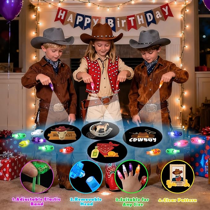 36 Pack Cowboy Party Favors LED Finger Lights for Kids Birthday, Glow in The Dark Western Theme Party Supplies, Cowboy Goodie Bag Stuffers, Classroom Rewards Carnival Prizes