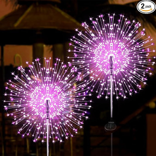 JJGoo Solar Firework Lights, 2 Pack 120 LEDs 2 Lighting Modes Solar Garden Lights Outdoor Waterproof for Yard Patio Walkway Pathway Party Wedding Christmas Decorative - Pink