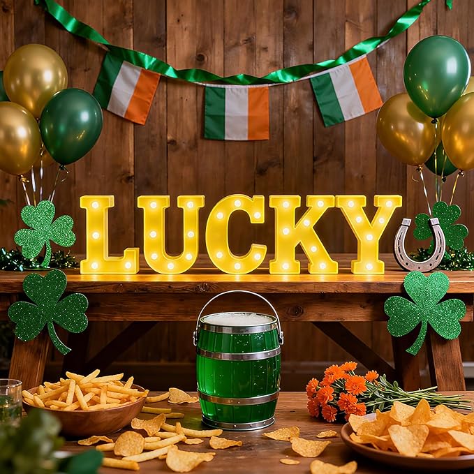 Honoson 5 Pcs St. Patrick's Day Party Decorations Lucky LED Letter Lights up Sign Irish Lucky Table Decoration for Indoor Home Shelf Patricks Day Holiday Party Suppliesn
