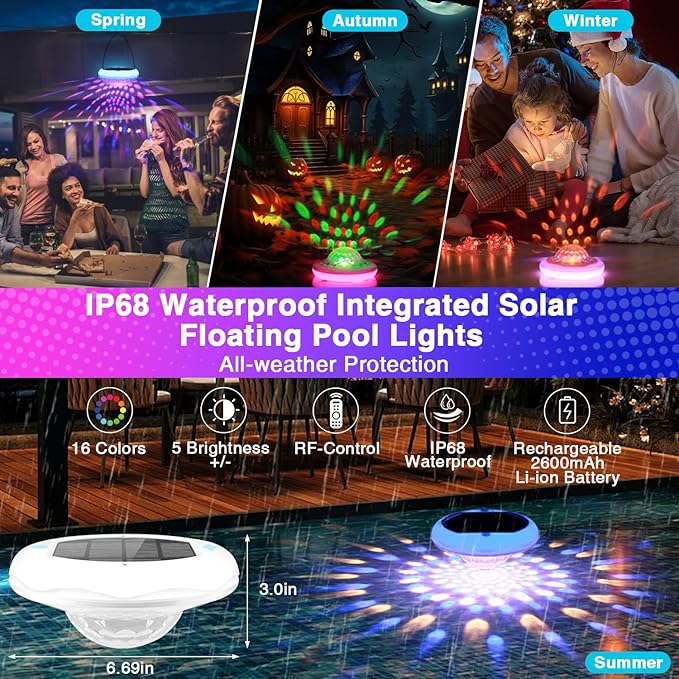 Solar Floating Pool Lights(2 Pack), Rechargeable Pool Lights that Float with Remote, 6.7'' 2600mAh IP68 Waterproof Floating Light 13 Colors Upper and Lower Glow Solar Light for Pools