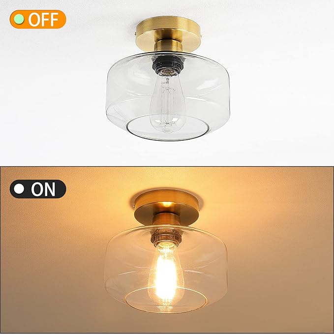 MAXvolador Industrial Semi Flush Mount Ceiling Light Gold, Clear Glass Pendant Lamp Shade, Farmhouse Lighting Hallway, Vintage Hanging Light Fixture