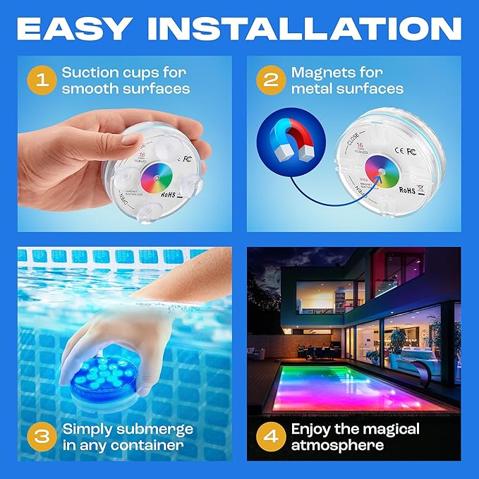 Yankee Submersible Pool Lights, Waterproof 15 Submersible LED Underwater Lights with Remote, 16 Colors, 3 Flash Modes, Timer, w/Suction Cups, Magnet, for Inground Pool (4 pcs)