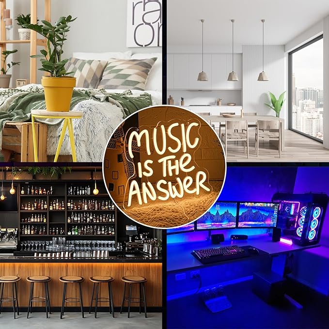 Music Is The Answer Neon Sign for Wall Decor Warm White Letter Neon Light Live Music Neon Light Sign LED Word Light for Studio Concert Bar Bedroom Decoration