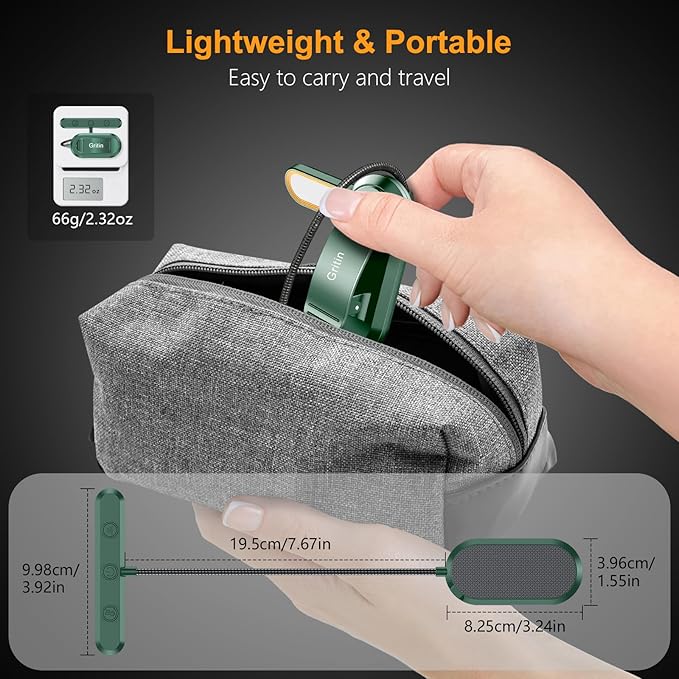Gritin Rechargeable Book Light for Reading in Bed with 19 LED &Memory Function-Eye Caring 3 Color Temperatures,5 Brightness Levels,90 Hrs Runtime Flexible Goose Neck Clip on Light-Dark Green