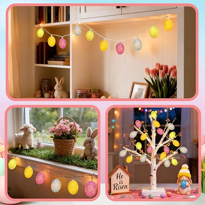 LED Easter Egg Lights String, 10ft 10 LED Pastel Lights, Steady On Easters Eggs Ornaments Battery Powered for Easter, Party, Home Decorations, White Wire