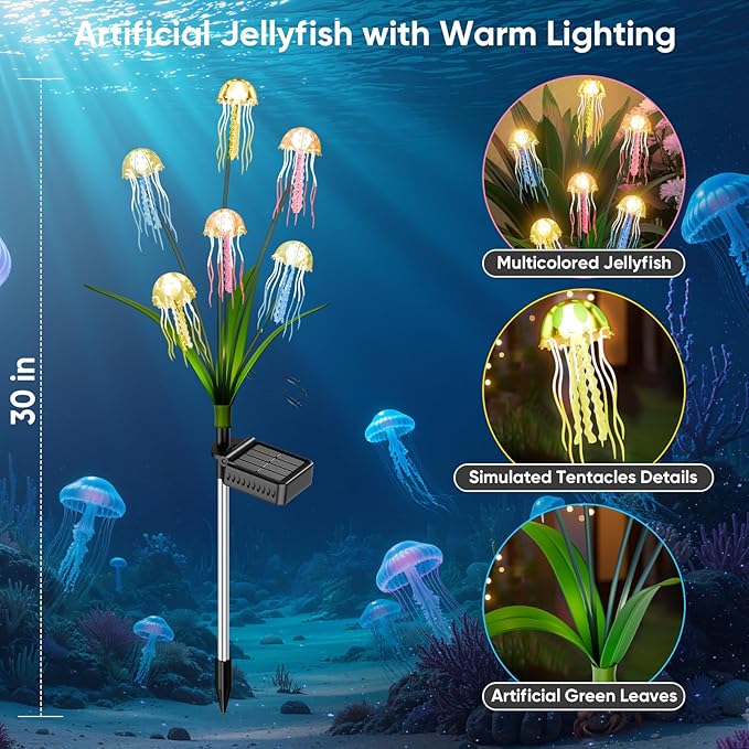 Outdoor Solar Garden Lights: 2 Pack 12 LEDs Waterproof Solar Powered Jellyfish Lights for Outside Yard Pathway Lawn Warm White Decorations - Unique Gardening Gifts for Women Mom Grandma