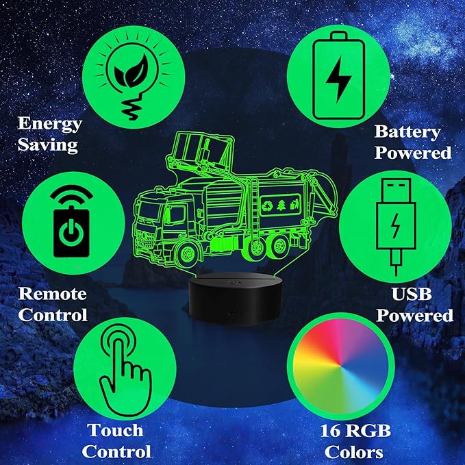 Garbage Truck Night Light, Garbage Truck Gifts, 3D Illusion Lamp with Remote Control, 16 RGB Colors, 4 Flashing Modes, Timer, Dimmable, Trash Truck Gifts Room Decoration for Holiday Birthday Christmas