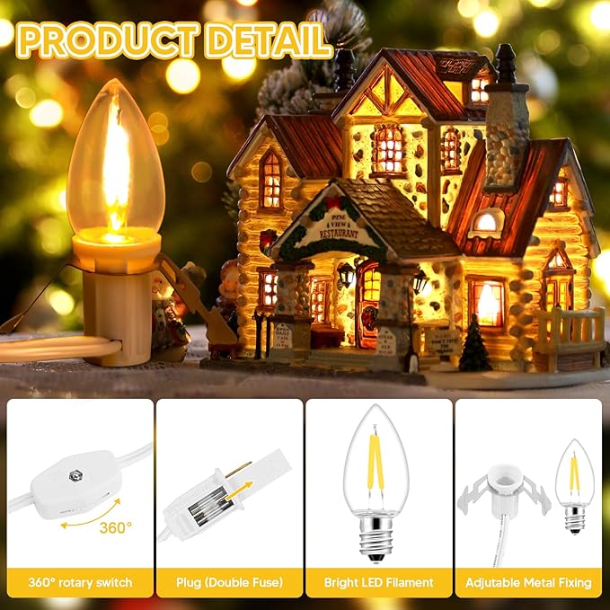 1Pack Accessory Cord with 20LED Light Bulbs and Outlet, Christmas Village Light 32.4FT String lights Cord 2Fuse C7/E12 Base Christmas Village Accessories for Halloween Christmas Village Houses