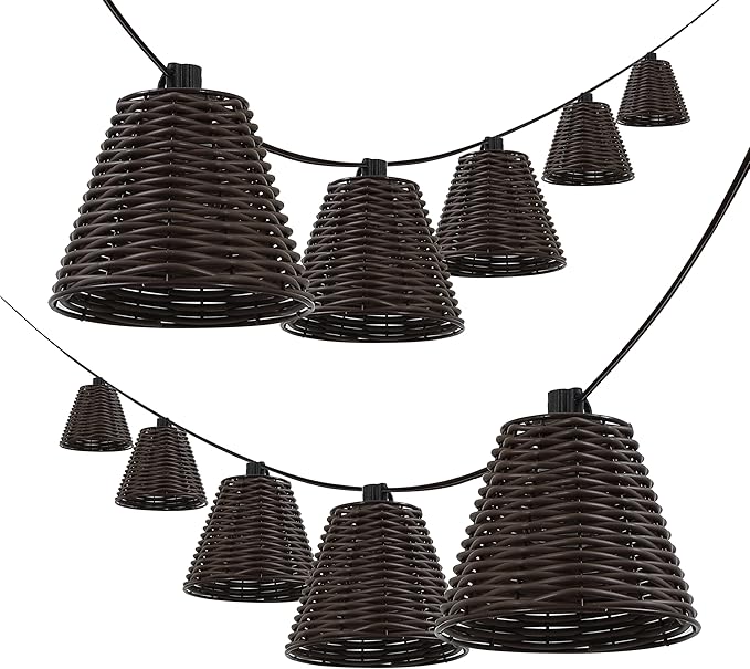 JONATHAN Y JYL8706C Payton 10-Light Indoor/Outdoor 10 ft. Classic Cottage LED G40 Faux-Rattan Shaded String Lights Coastal, Traditional, Farmhouse, Rustic, Patio, Porch, Backyard, Dark Brown