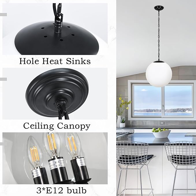 KoKo&Yukina 13.7" Black Globe Pendant Light Mid Century Pendant Light Milk Glass Pendant Lights Kitchen Island Adjustable Hanging Light Fixture for Dining Room Bedroom Kitchen Island